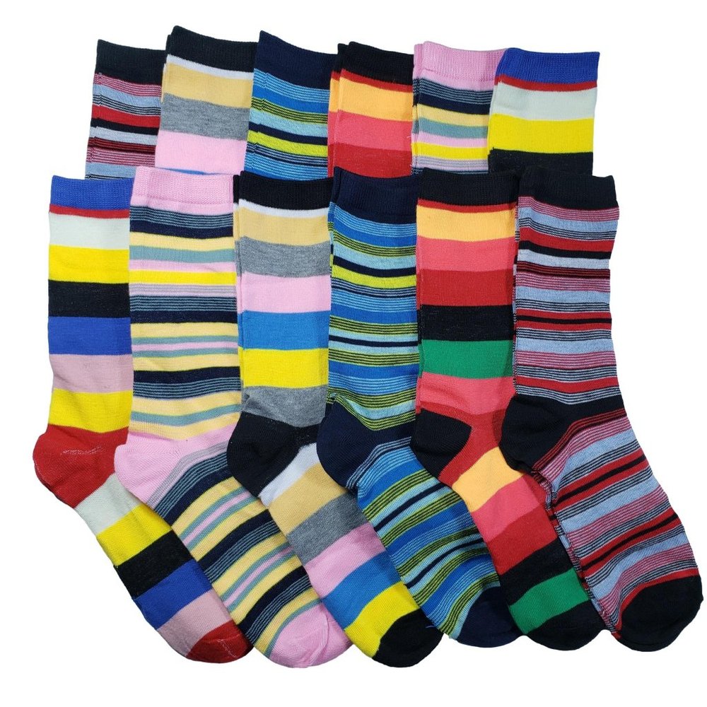 12 Pairs Assorted Women's Striped Crew Socks 9-11 - Picture 1 of 2